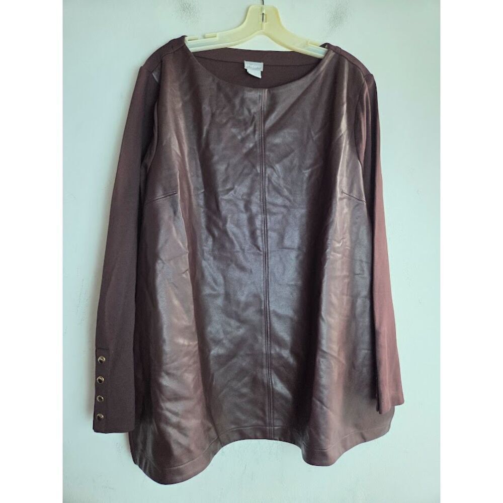 Chico's Chocolate Brown Mixed Media Faux Leather Boxy Blouse size 4/US XXL - Picture 4 of 7